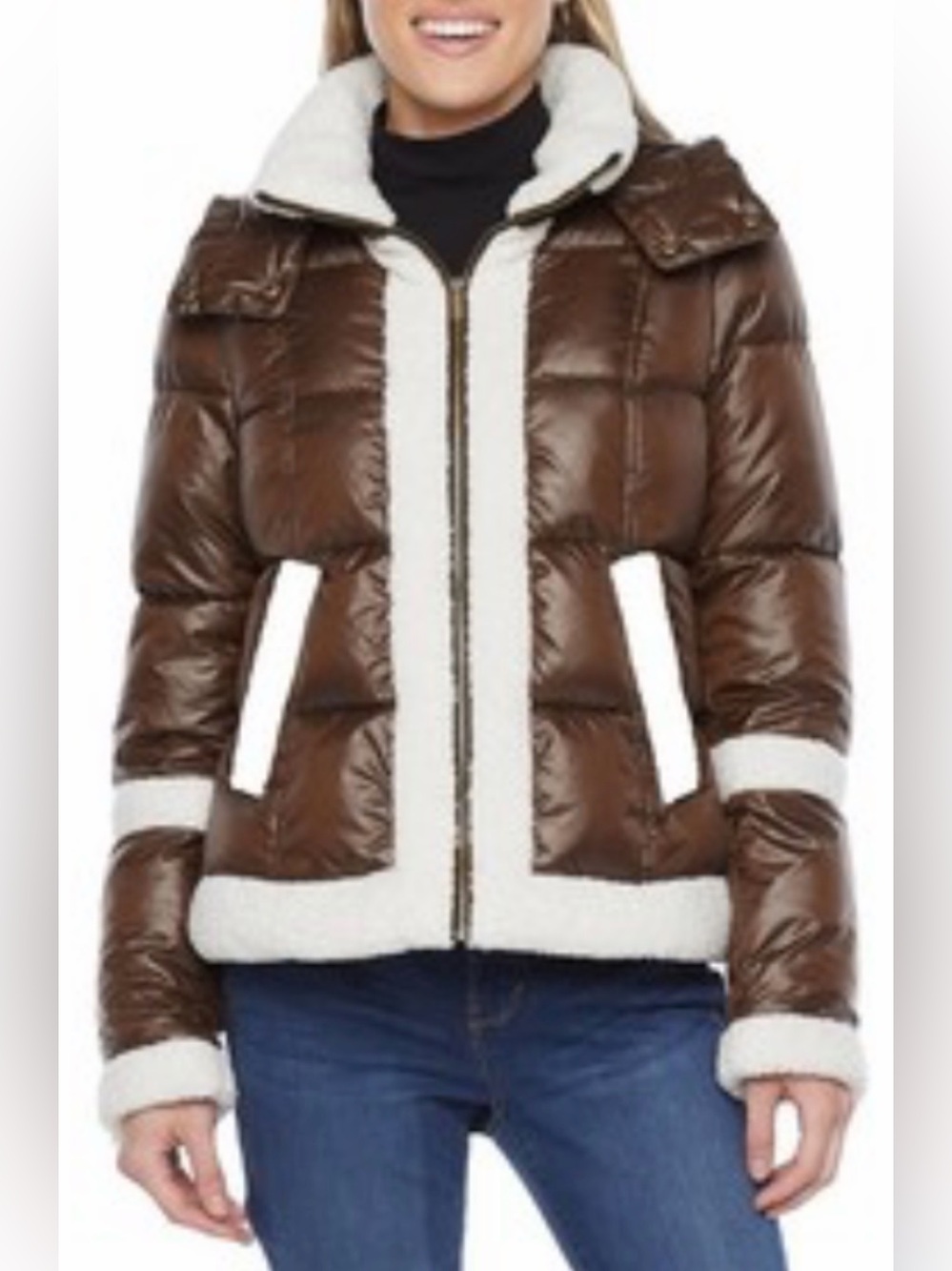 Quilted Faux Shearling Trimmed Jacket Brown 1X NWT
